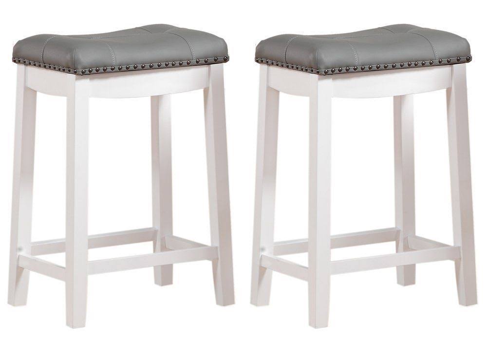 Angel Line Cambridge Padded Saddle Stool White With Gray Cushion 24 H, Set Of 2