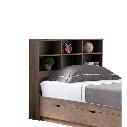 Benjara Bm214726 Wooden Full Bookcase Headboard With 6 Open Compartments, Hazelnut Brown