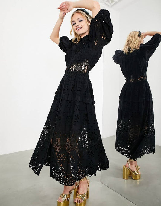 Asos Design Eyelet & Lace Button-Up Midi Dress In Black