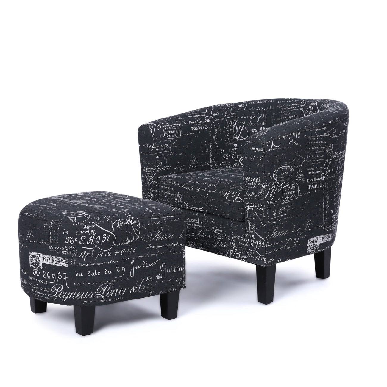 Belleze Accent Club Chair With Ottoman Modern Stylish Round Arms Curved Back French Print Script Linen Fabric Black