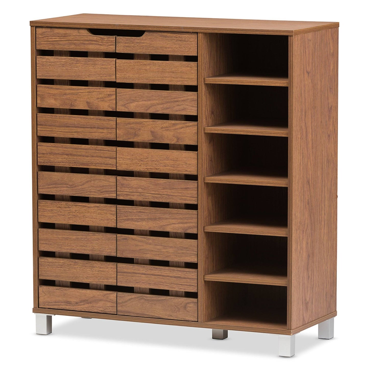 Baxton Studio Shirley 2 Door Shoes Cabinet With Open Shelves, Walnut Brown