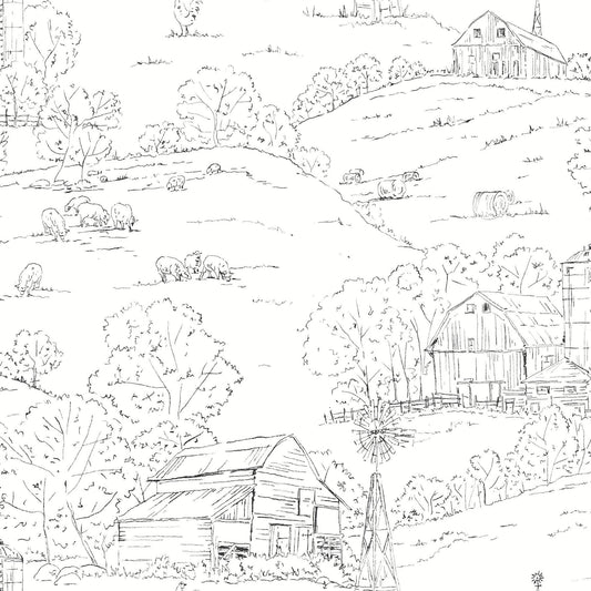 York Wallcoverings Fh4031 Pasture Toile Wallpaper Black/White