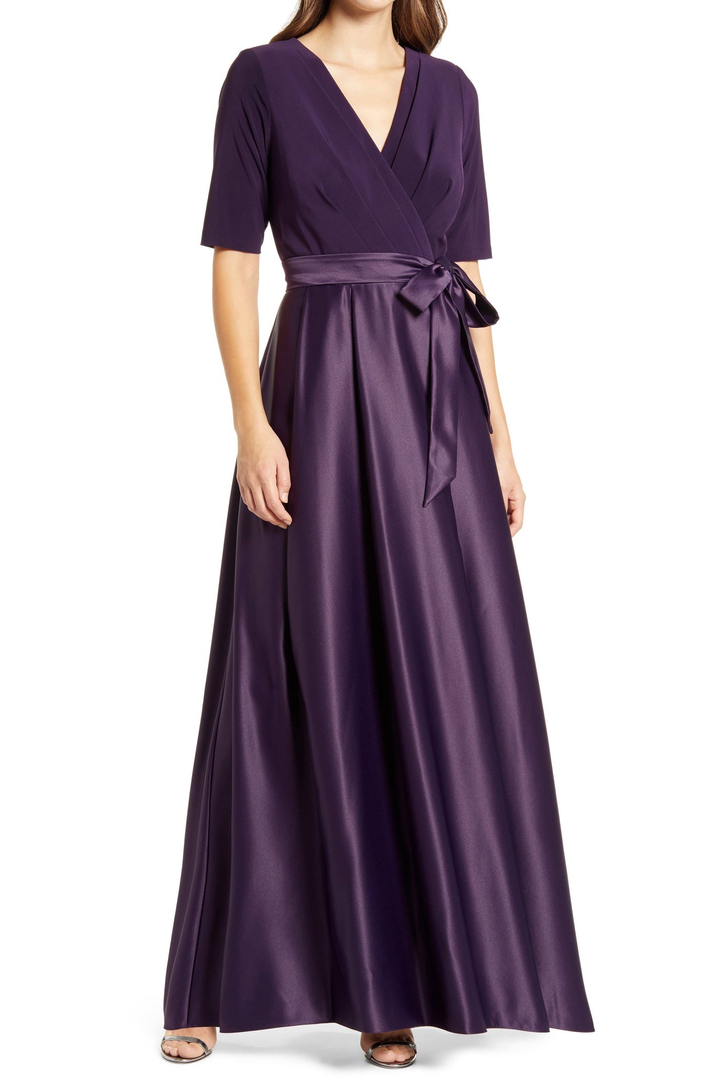 Alex Evenings Surplice-Neck Satin-Skirt Gown - Eggplant - Size 8