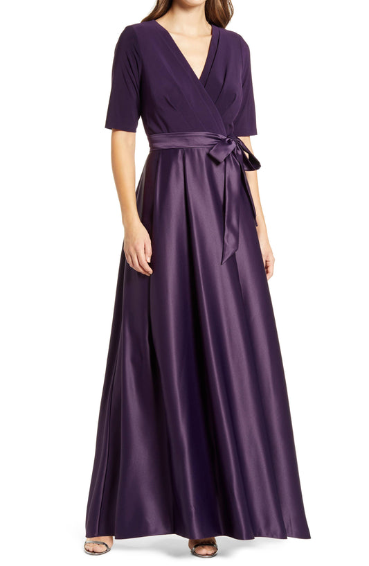 Alex Evenings Surplice-Neck Satin-Skirt Gown - Eggplant - Size 8