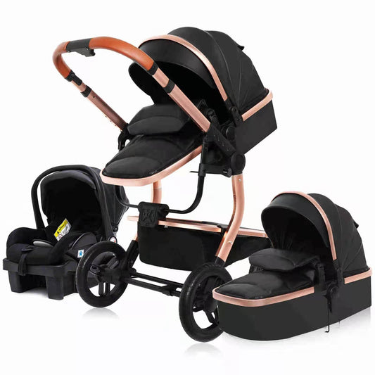 Baby Stroller 3-In-1 Portable Carriage Infant And Toddler Pram 4-Wheel Travel System Sa518, Black / Ship To Us (Delivery In 3-7 Days)