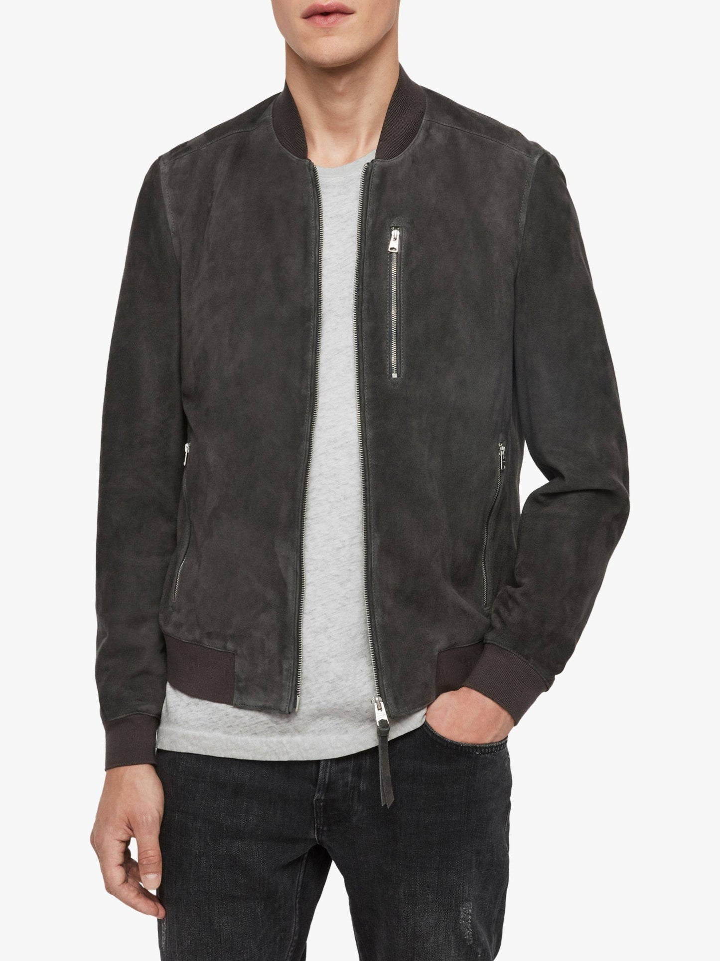 Allsaints Men s Kemble Suede Zip Up Bomber Jacket, Wind Grey, Size: Xxl