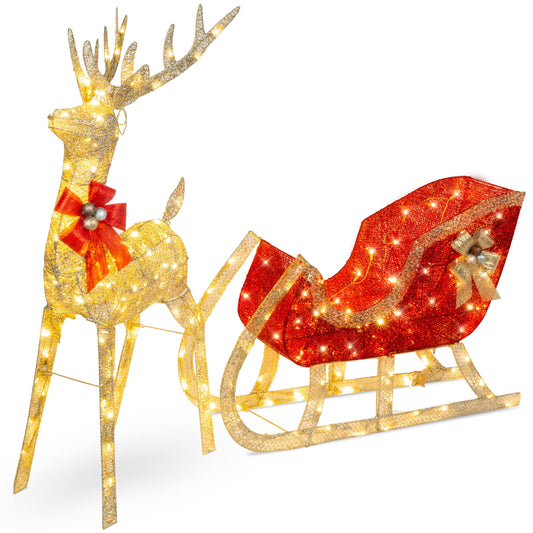 Best Choice Products Lighted Christmas 4ft Reindeer & Sleigh Outdoor Yard Decoration Set W/ 205 Led Lights, Stakes