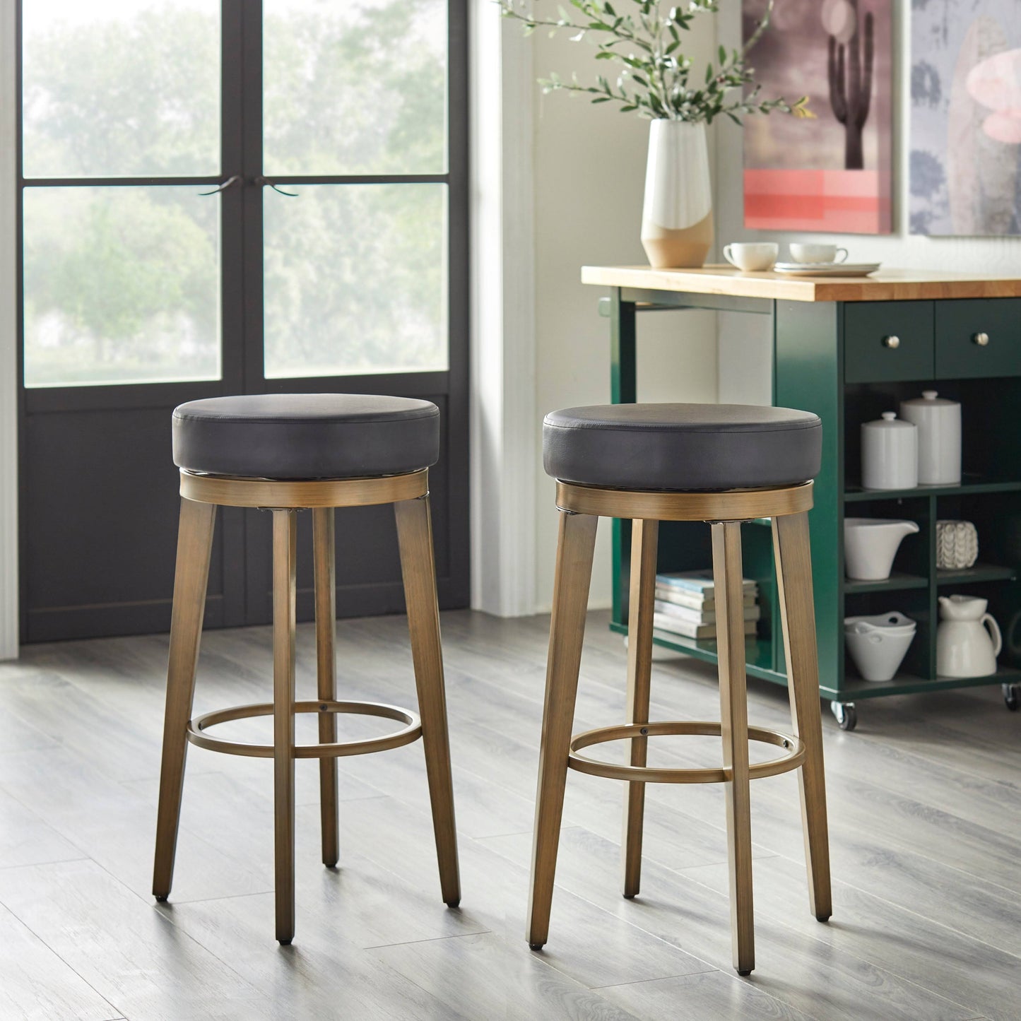 Angelo:Home Swivel Stools - Linden Brass Set Of 2 (Black) 30 Inch