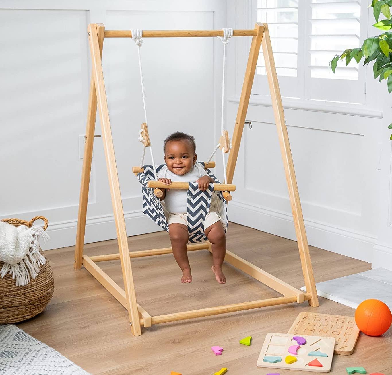 Avenlur Spruce Baby And Toddler Foldable Swing Set With Stand - Premium Montessori, Waldorf Style Self-Standing Indoor Swingset For Children 6m To 3