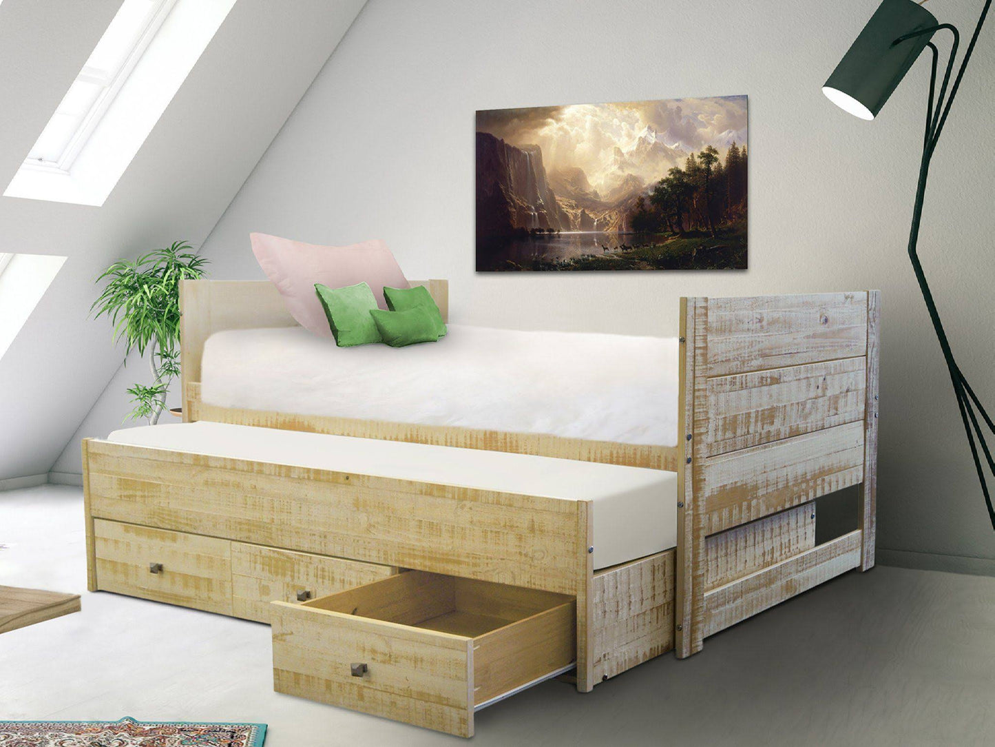 Bedz King All In One Twin Bed With Twin Trundle And 3 Built In Drawers, Weathered Honey